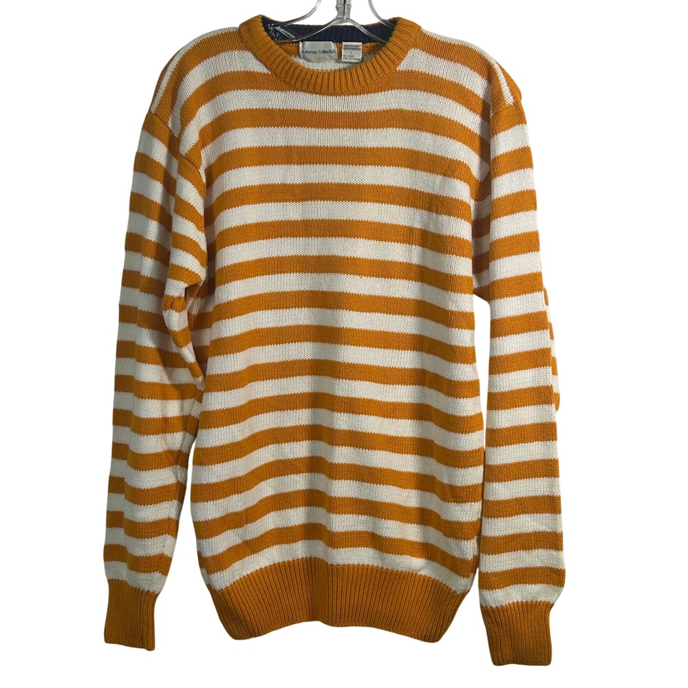Potomac Collection Mens Large Cotton Striped Sweater Yellow White Crewneck
